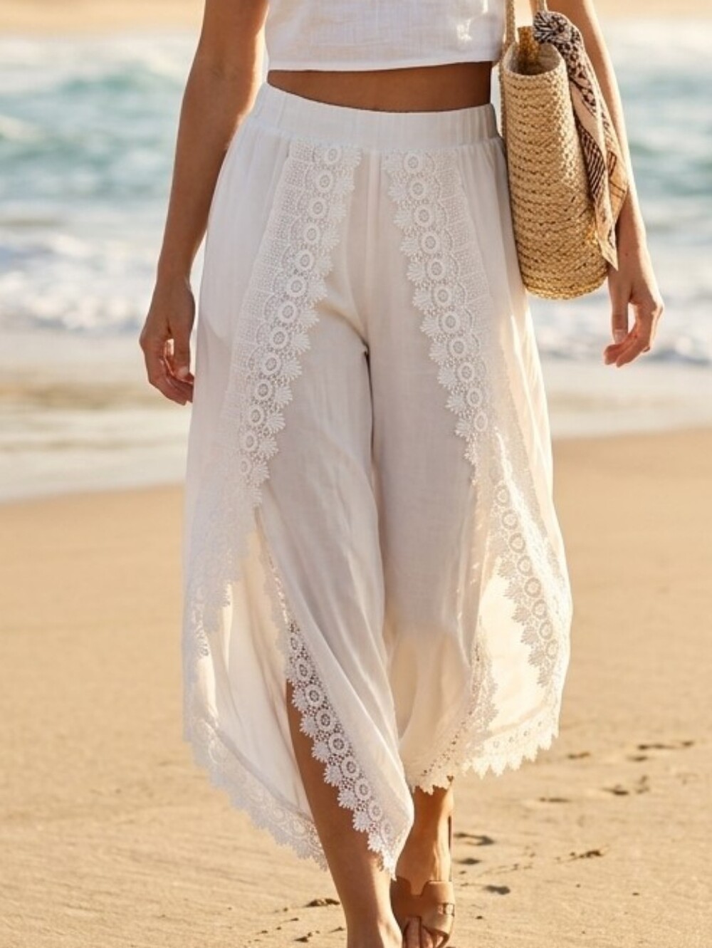 Siren Lace Trim Gauze Pants - White